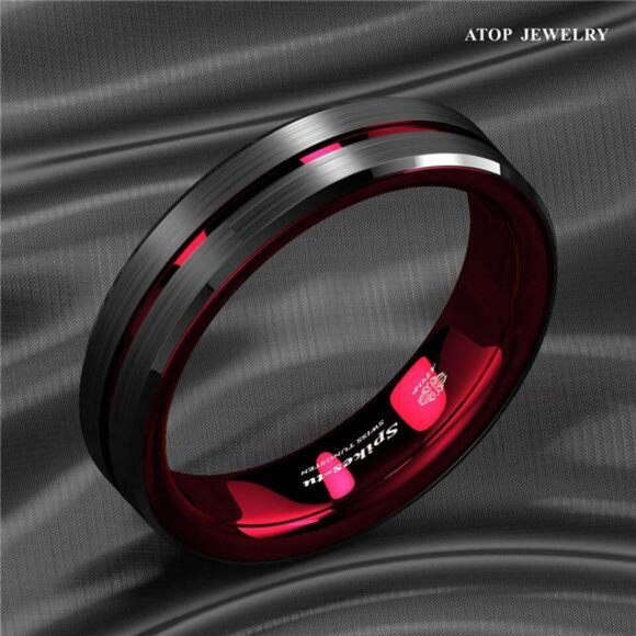 6mm Black Red Line Men's Wedding Band Ring - Perfect for Men and Women - Picture 6 of 6